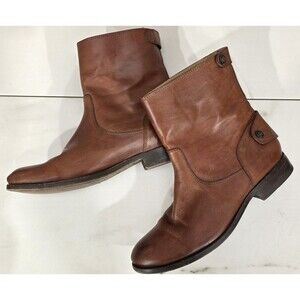 Frye Melissa Button Zip Short Leather Mid Boots Brown Cognac Block Heel Size 9 B